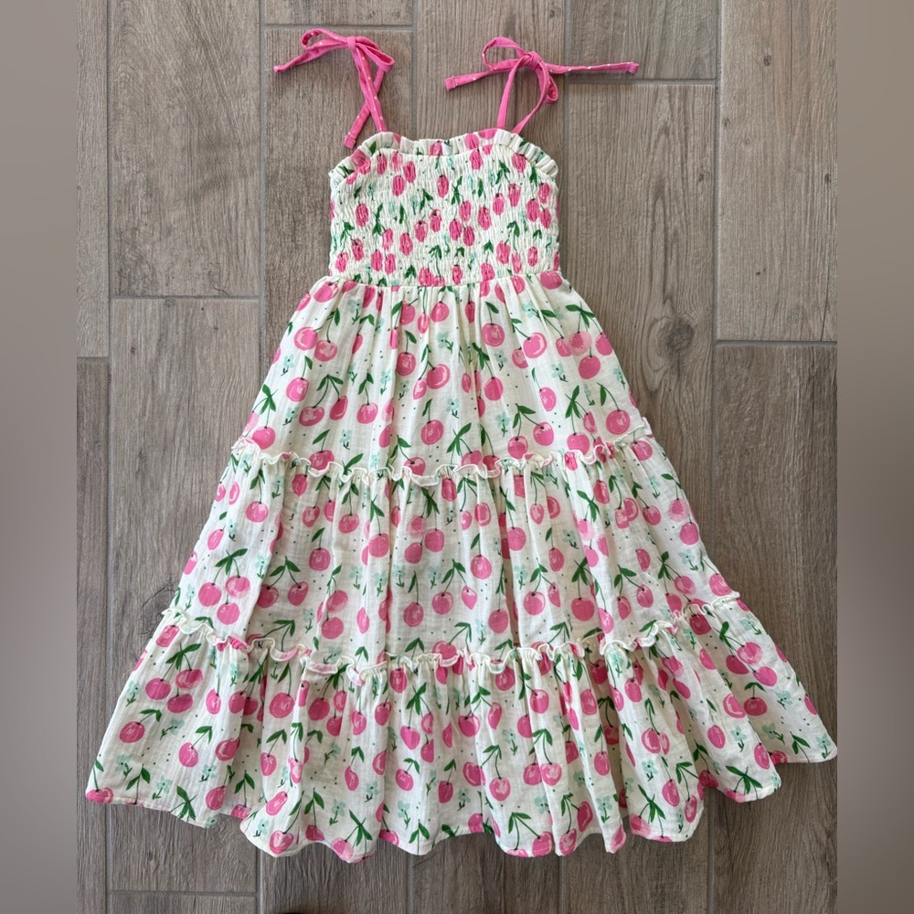 SweetHoney Creme Tiered Sundress with Pink Cherry Print and Tie Straps Size 3T